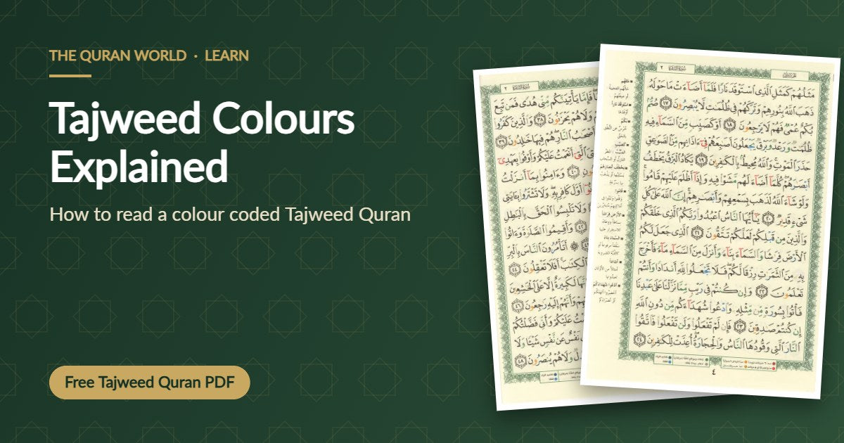 Tajweed colours explained, with pages from a colour coded Tajweed Quran in Uthmani script
