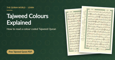 Tajweed colours explained, with pages from a colour coded Tajweed Quran in Uthmani script