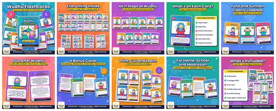 Wudu Flashcards for Kids – Printable Step-by-Step Wudhu Cards (A4 PDF)