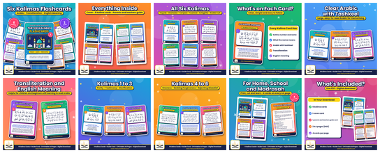 Six Kalimas Flashcards – Printable A4 PDF with Arabic, Transliteration and English Meaning