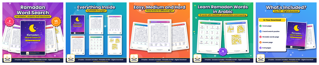 Ramadan Word Search for Kids – 3 Printable Puzzles with Answers and Arabic Words (PDF)