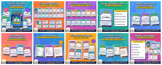 Islamic Calendar Flashcards for Kids – 12 Hijri Months in Arabic and English (Printable A4 PDF)
