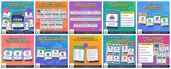 Good Manners Flashcards for Kids – 25 Islamic Manners and Daily Sunnah Cards, Printable A4 PDF