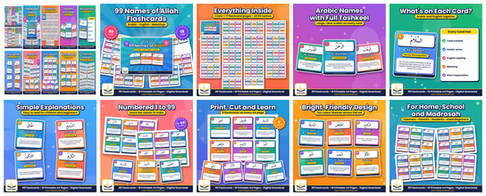 99 Names of Allah Flashcards – Printable Arabic & English PDF for Children