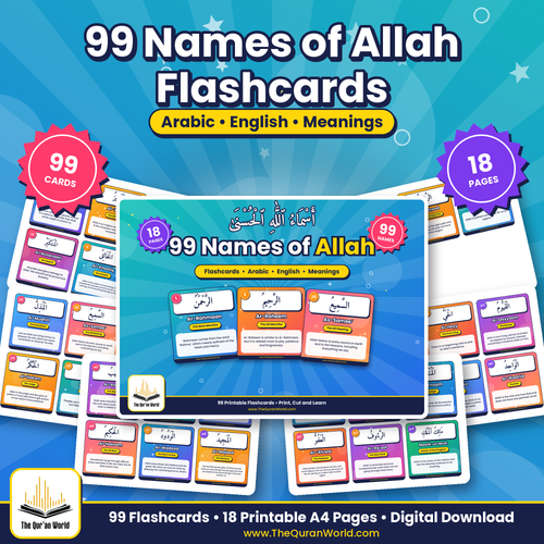 99 Names of Allah Flashcards – Printable Arabic & English PDF for Children