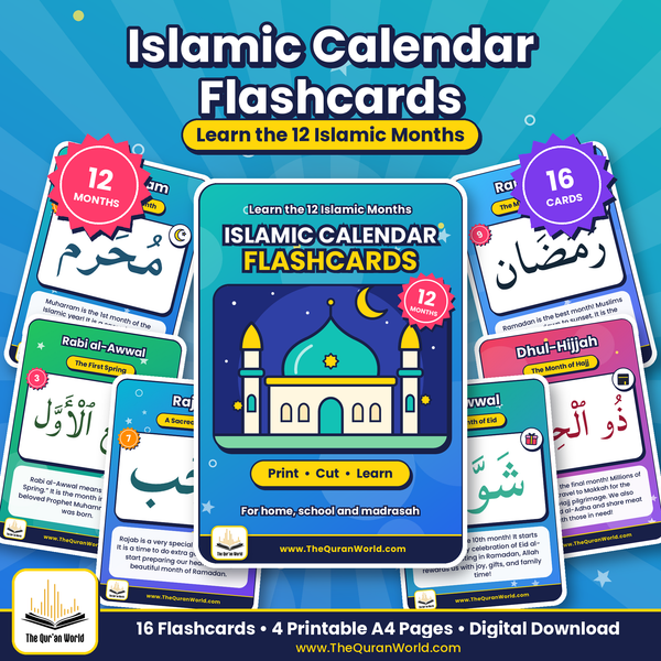 Islamic Calendar Flashcards for Kids – 12 Hijri Months in Arabic and English (Printable A4 PDF)