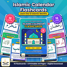 Islamic Calendar Flashcards for Kids – 12 Hijri Months in Arabic and English (Printable A4 PDF)
