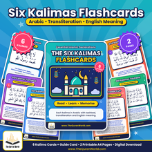 Six Kalimas Flashcards – Printable A4 PDF with Arabic, Transliteration and English Meaning