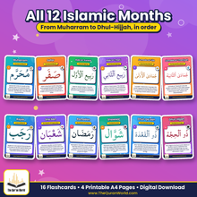 Islamic Calendar Flashcards for Kids – 12 Hijri Months in Arabic and English (Printable A4 PDF)