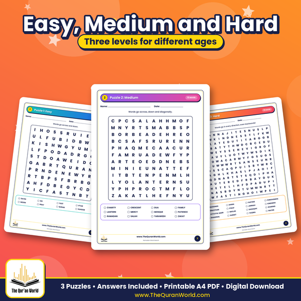 Ramadan Word Search for Kids – 3 Printable Puzzles with Answers and Arabic Words (PDF)