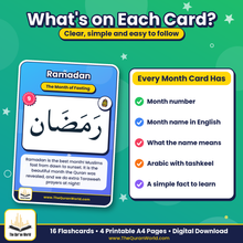 Islamic Calendar Flashcards for Kids – 12 Hijri Months in Arabic and English (Printable A4 PDF)