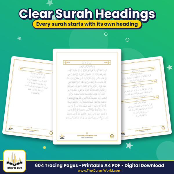 Quran Tracing Workbook – Printable Arabic Handwriting Practice, 604 A4 Pages (PDF)
