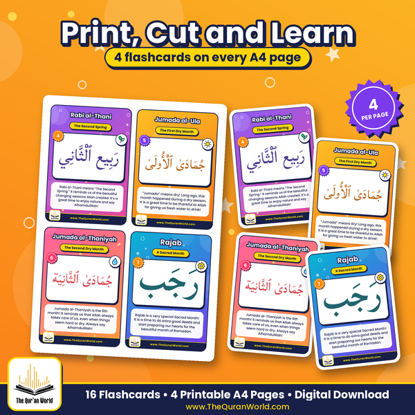 Islamic Calendar Flashcards for Kids – 12 Hijri Months in Arabic and English (Printable A4 PDF)