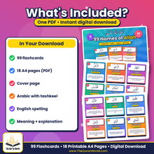99 Names of Allah Flashcards – Printable Arabic & English PDF for Children